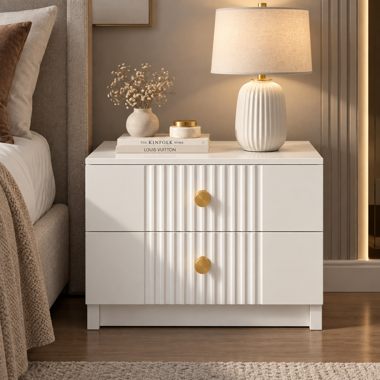Noptieră RAVELLO albă cu 2 sertare, MDF frezat cu riflaj vertical vopsit, 50x41,8x47 cm Arboteca