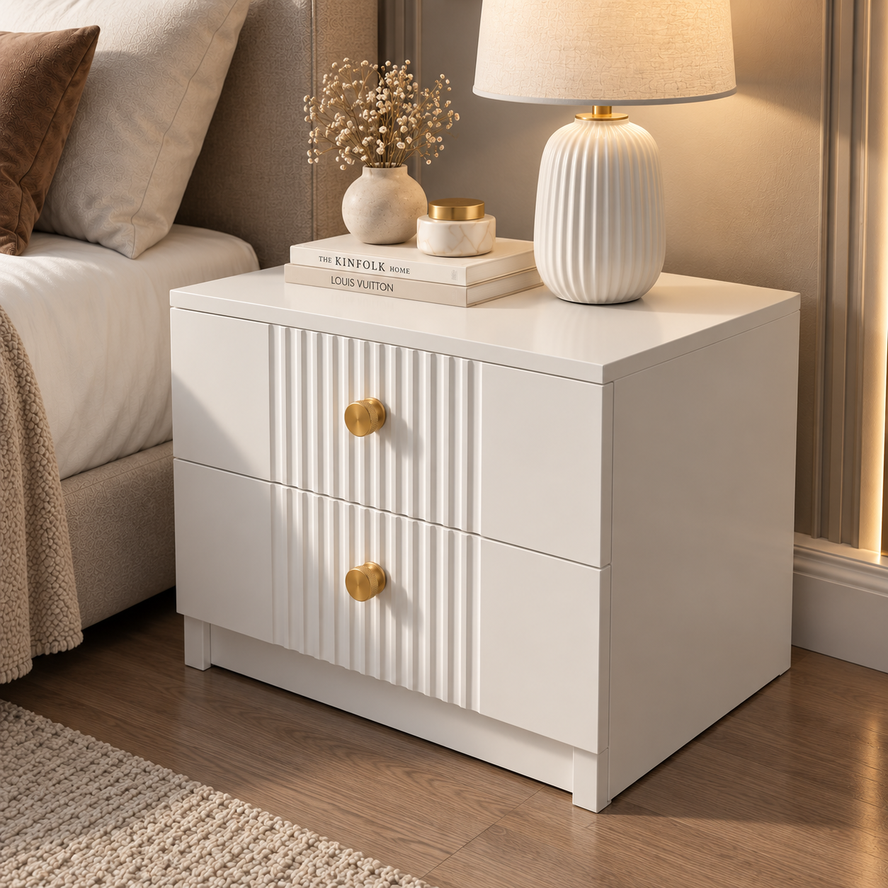 Noptieră RAVELLO albă cu 2 sertare, MDF frezat cu riflaj vertical vopsit, 50x41,8x47 cm Arboteca