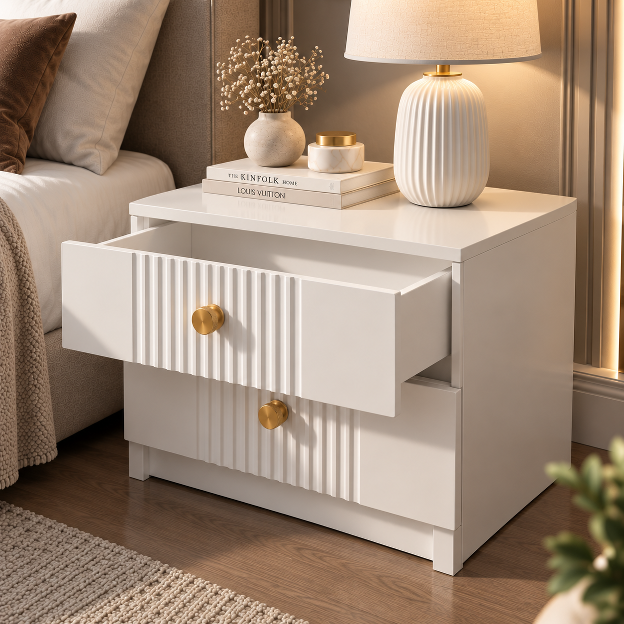 Noptieră RAVELLO albă cu 2 sertare, MDF frezat cu riflaj vertical vopsit, 50x41,8x47 cm Arboteca