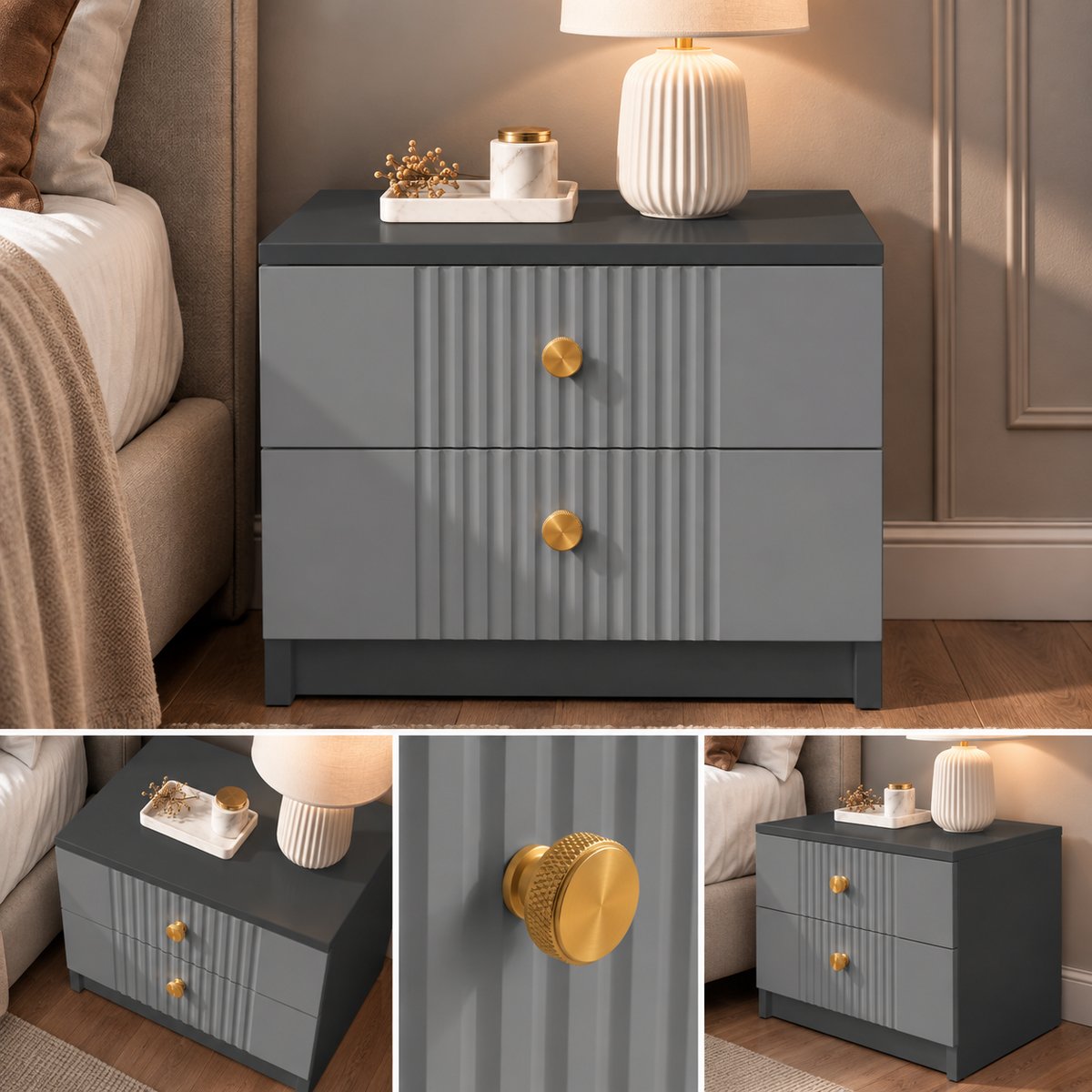 Noptieră RAVELLO antracit cu 2 sertare, MDF frezat cu riflaj vertical vopsit, 50x41,8x47 cm Arboteca