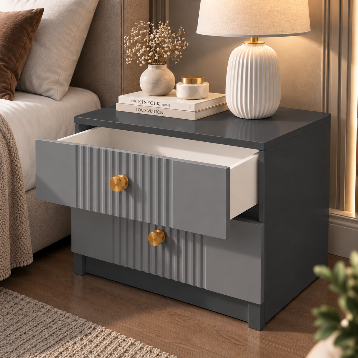 Noptieră RAVELLO antracit cu 2 sertare, MDF frezat cu riflaj vertical vopsit, 50x41,8x47 cm Arboteca
