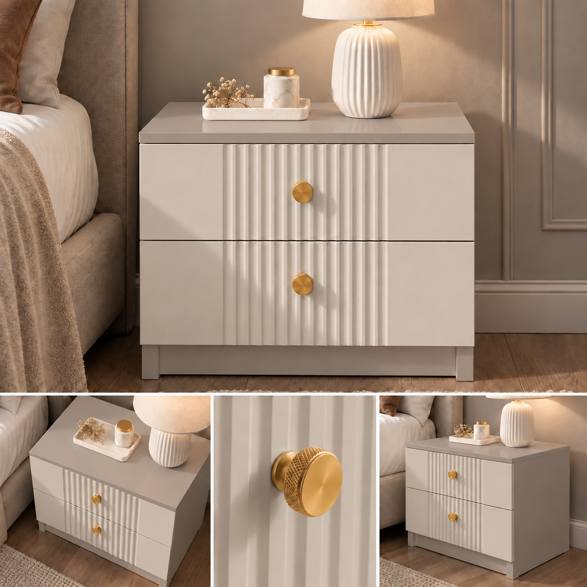 Noptieră RAVELLO casmir bazalt cu 2 sertare, MDF frezat cu riflaj vertical vopsit, 50x41,8x47 cm Arboteca