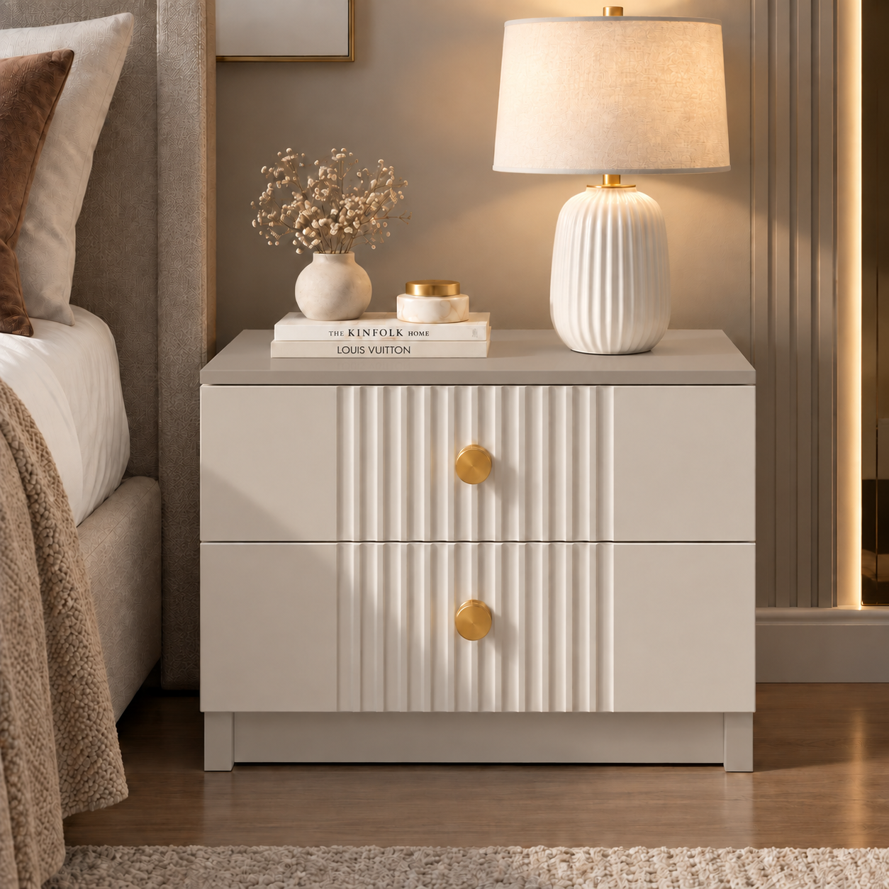 Noptieră RAVELLO casmir bazalt cu 2 sertare, MDF frezat cu riflaj vertical vopsit, 50x41,8x47 cm Arboteca