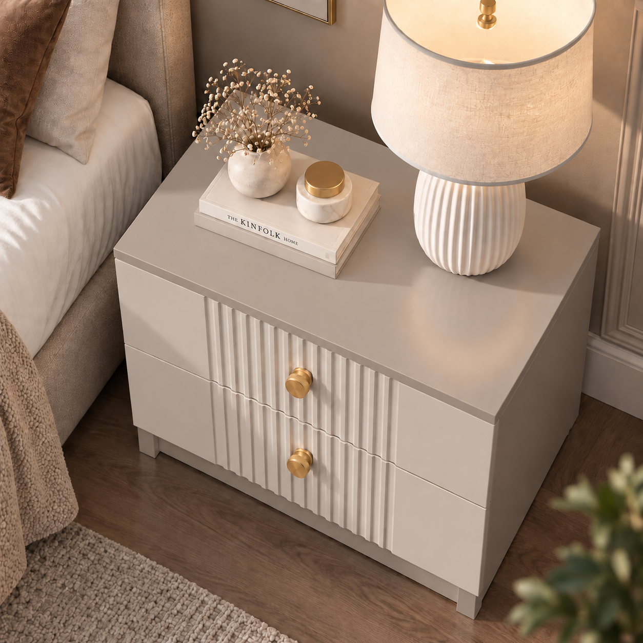 Noptieră RAVELLO casmir bazalt cu 2 sertare, MDF frezat cu riflaj vertical vopsit, 50x41,8x47 cm Arboteca