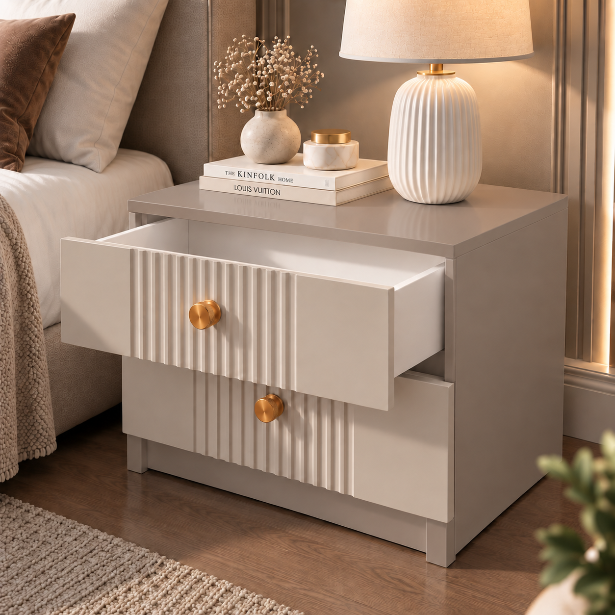 Noptieră RAVELLO casmir bazalt cu 2 sertare, MDF frezat cu riflaj vertical vopsit, 50x41,8x47 cm Arboteca