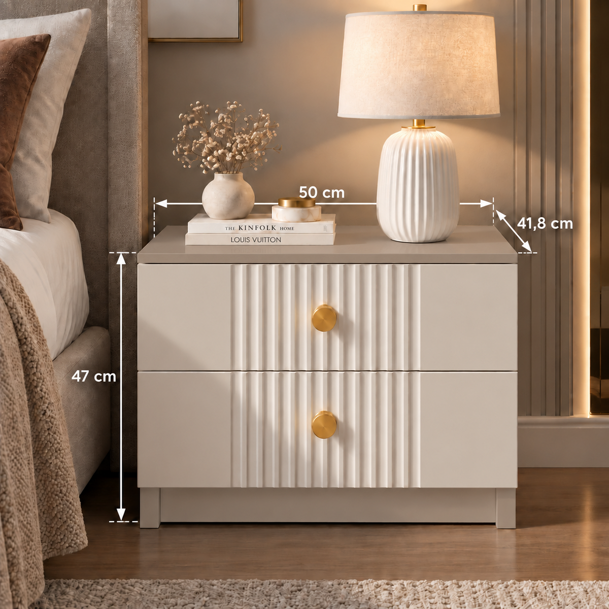 Noptieră RAVELLO casmir bazalt cu 2 sertare, MDF frezat cu riflaj vertical vopsit, 50x41,8x47 cm Arboteca