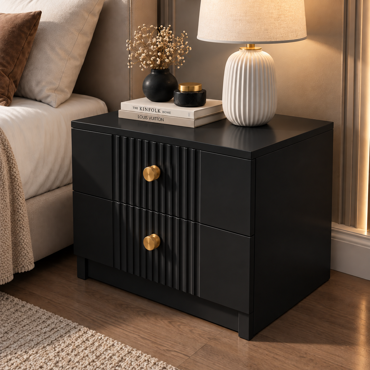 Noptieră RAVELLO neagră cu 2 sertare, MDF frezat cu riflaj vertical vopsit, 50x41,8x47 cm Arboteca