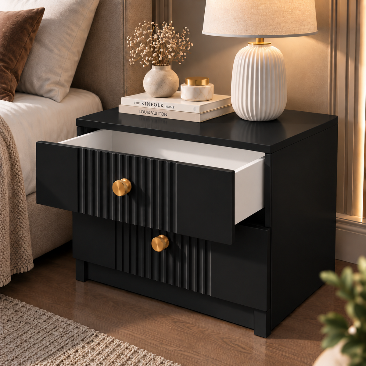 Noptieră RAVELLO neagră cu 2 sertare, MDF frezat cu riflaj vertical vopsit, 50x41,8x47 cm Arboteca