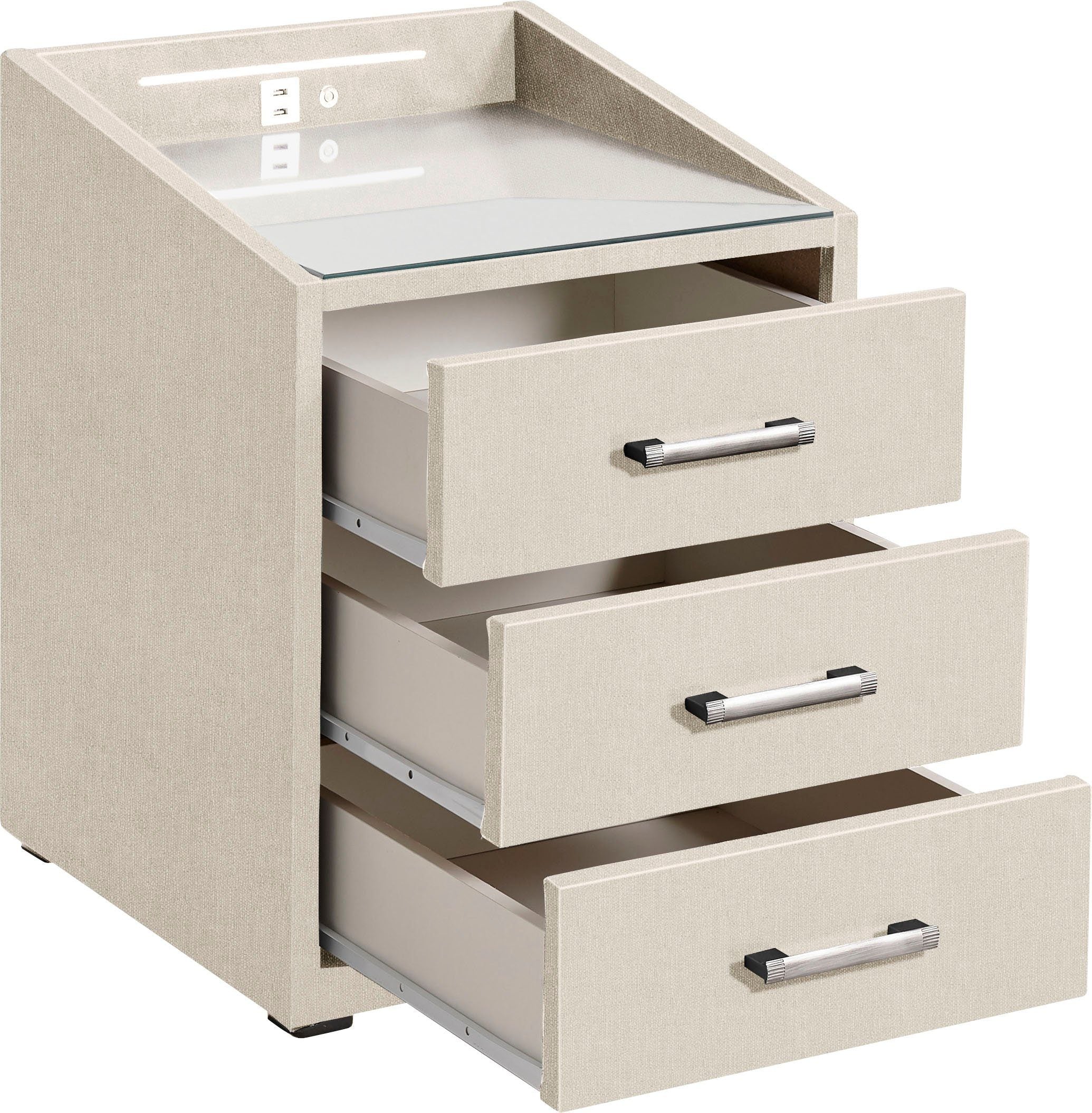 Noptiera tapitata Moon, iluminare LED, incarcare USB, 47 cm latime Arboteca