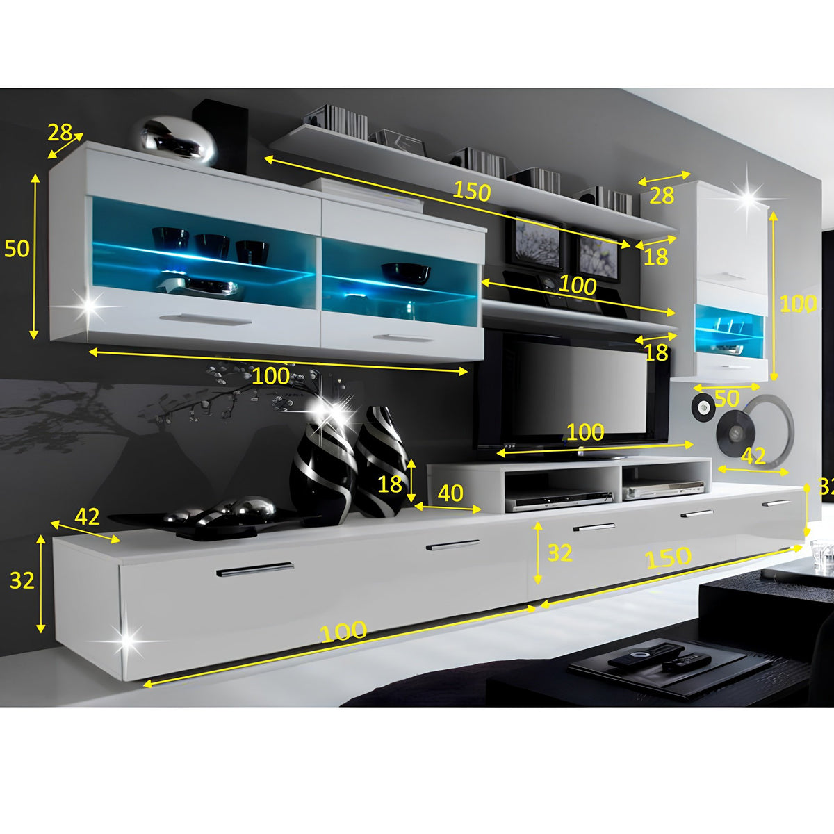 Mobilier living, alb/extra strălucire albă HG, LEO Kondela