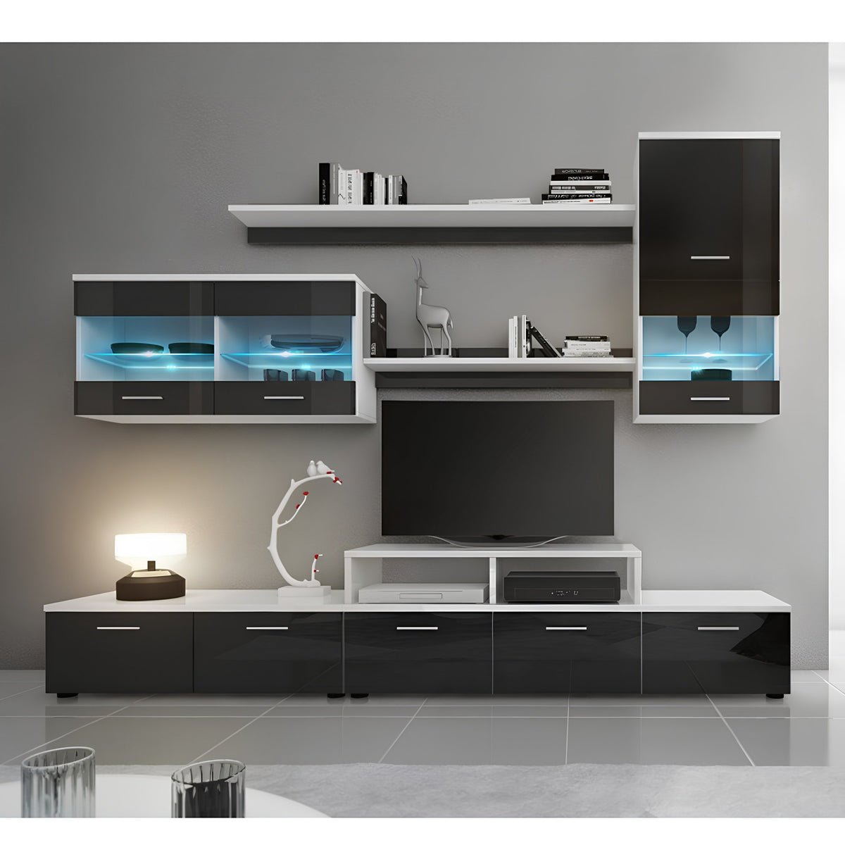 Mobilier living, alb/extra strălucire neagră HG, LEO Kondela