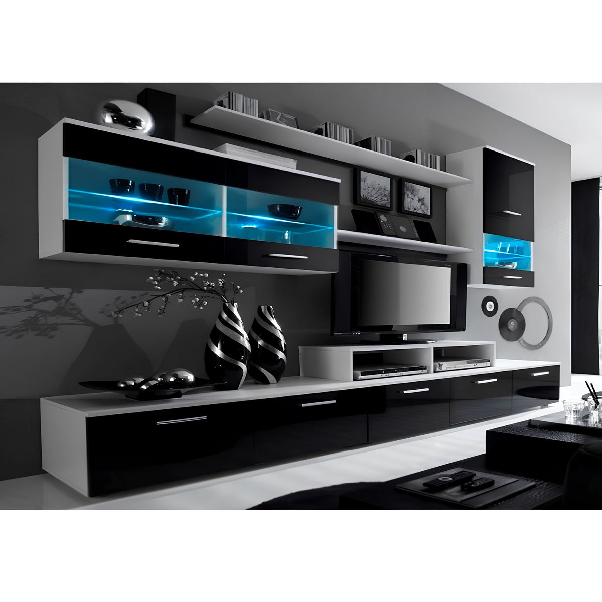 Mobilier living, alb/extra strălucire neagră HG, LEO Kondela