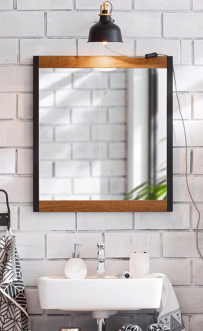 Oglindă de baie Chris 60 × 68 cm, ramă metalică aspect lemn Arboteca