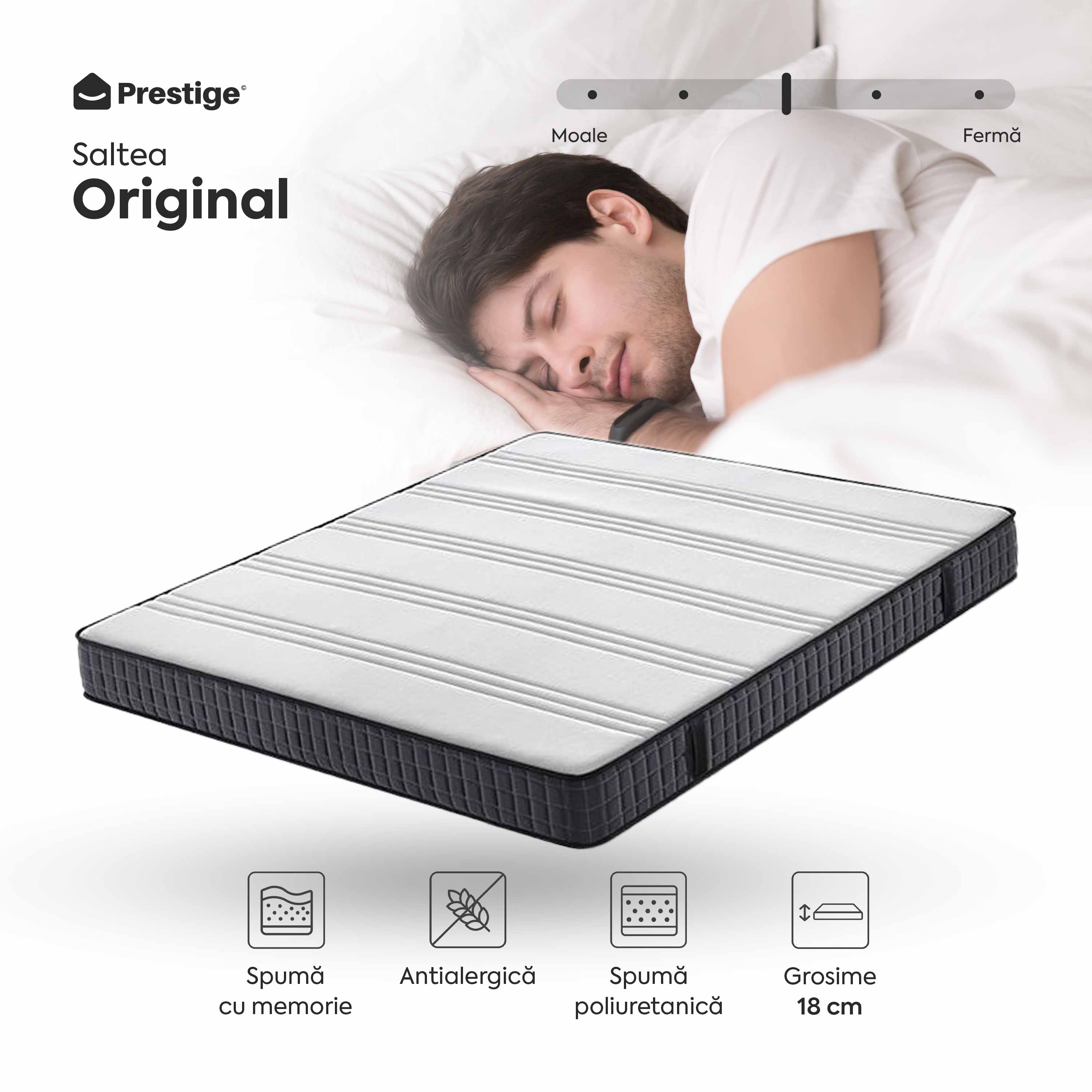 altea ORIGINAL, 14+2 Memory, spumă poliuretanică elastică, spumă cu memorie, husă antibacteriană, superortopedică, Grosime 18 cm - Prestige Home  