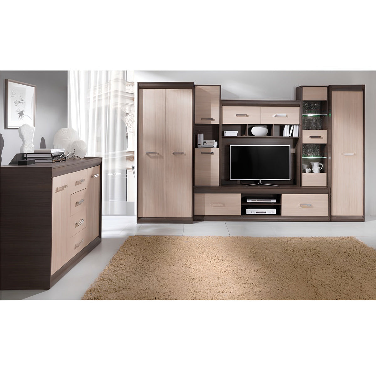Mobilă de living, PAL/MDF, stejar deschis/stejar închis, KORINA Kondela
