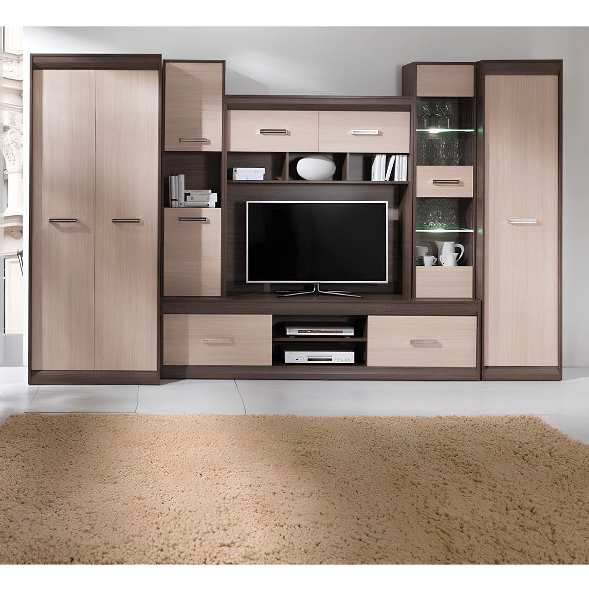Mobilă de living, PAL/MDF, stejar deschis/stejar închis, KORINA Kondela