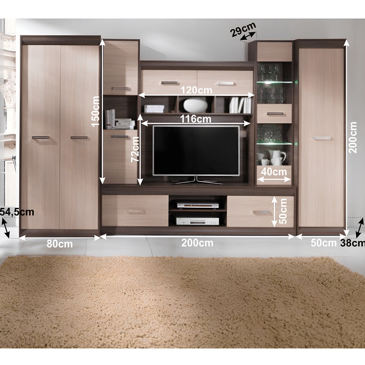 Mobilă de living, PAL/MDF, stejar deschis/stejar închis, KORINA Kondela
