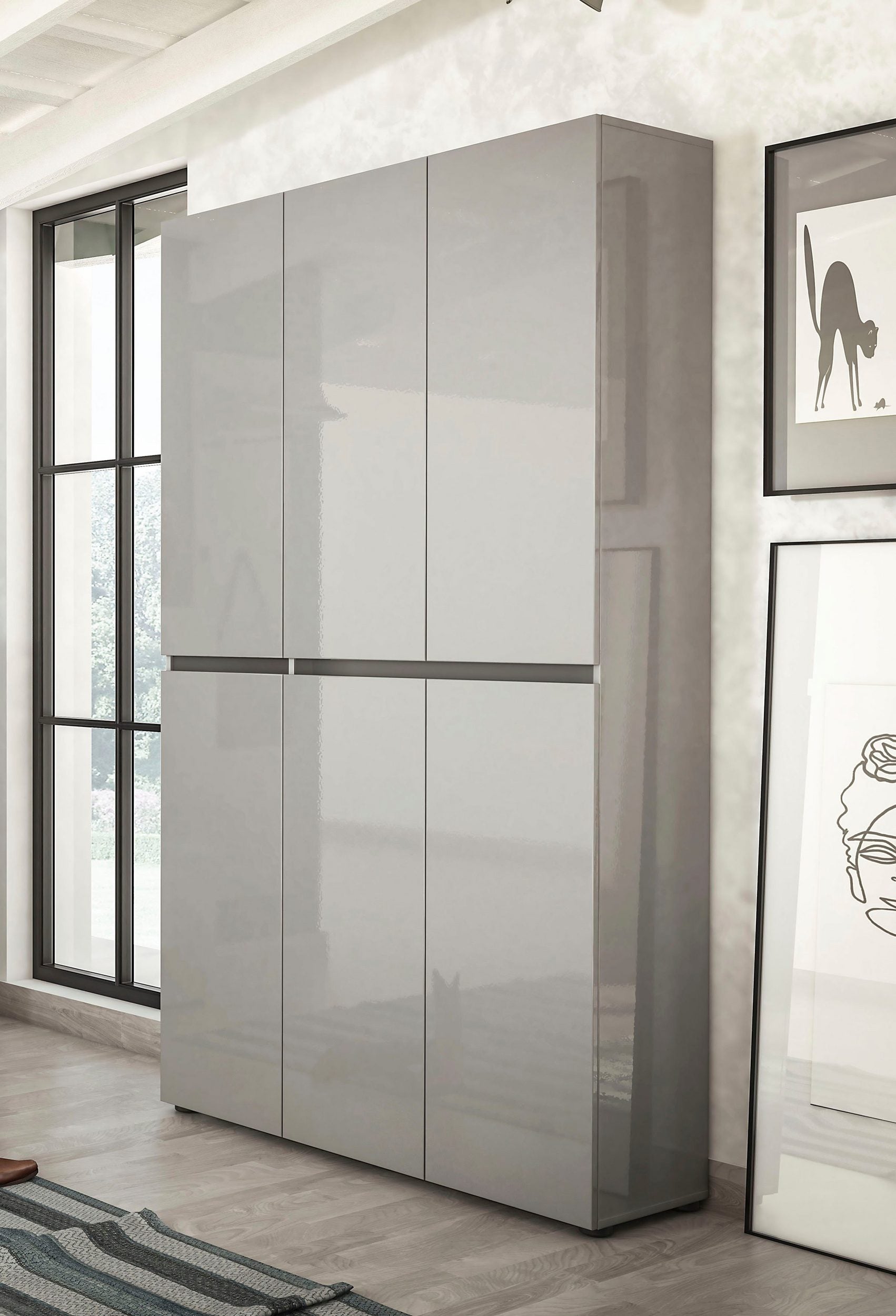 Pantofar Mister, 6 uși, Gri lucios, PAL , 120×34×200 cm Arboteca