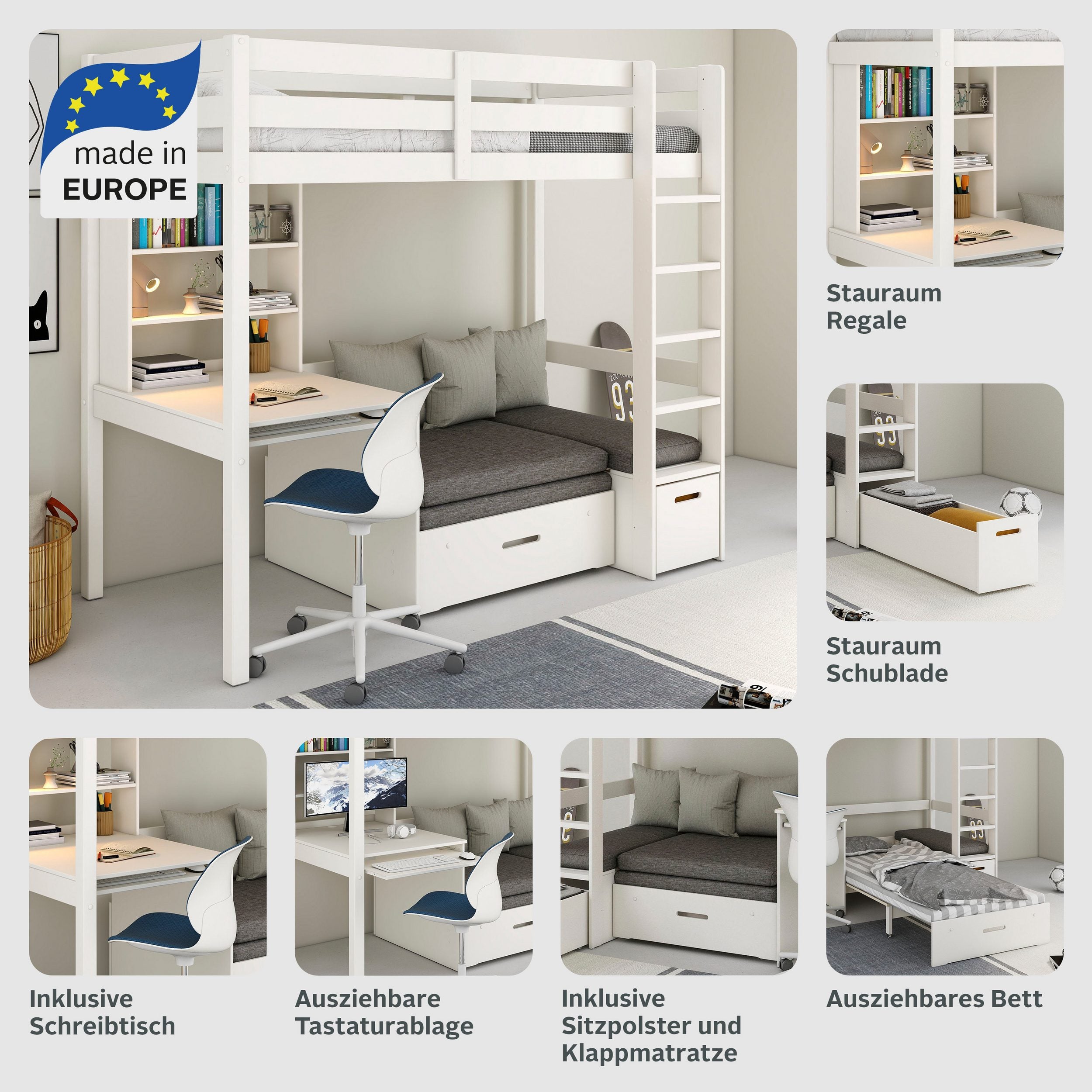 Pat etajat Henne cu birou inclus , lemn masiv , Alb Arboteca