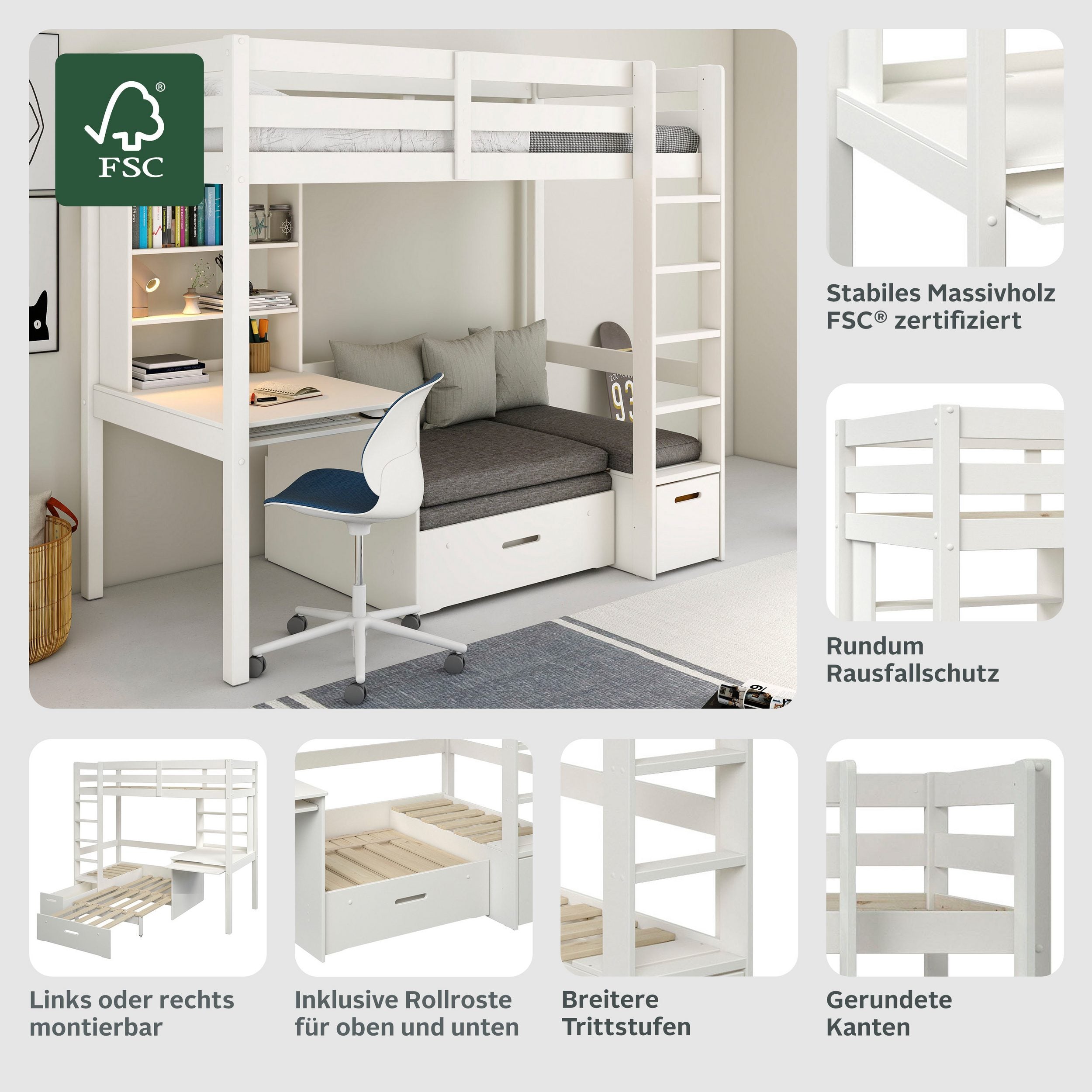 Pat etajat Henne cu birou inclus , lemn masiv , Alb Arboteca