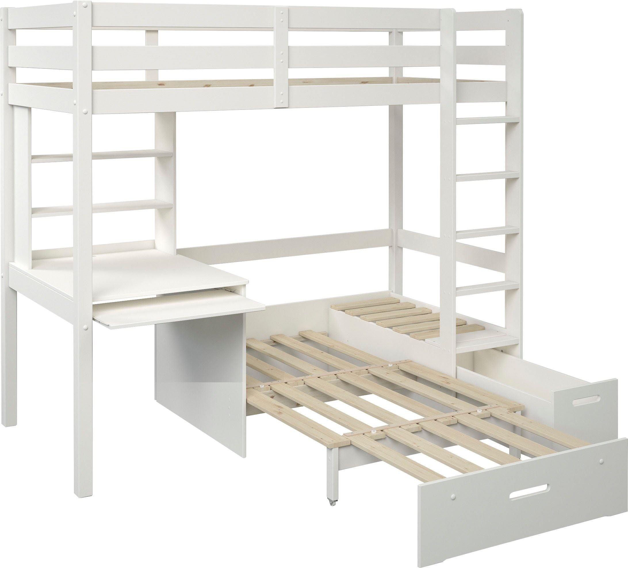 Pat etajat Henne cu birou inclus , lemn masiv , Alb Arboteca