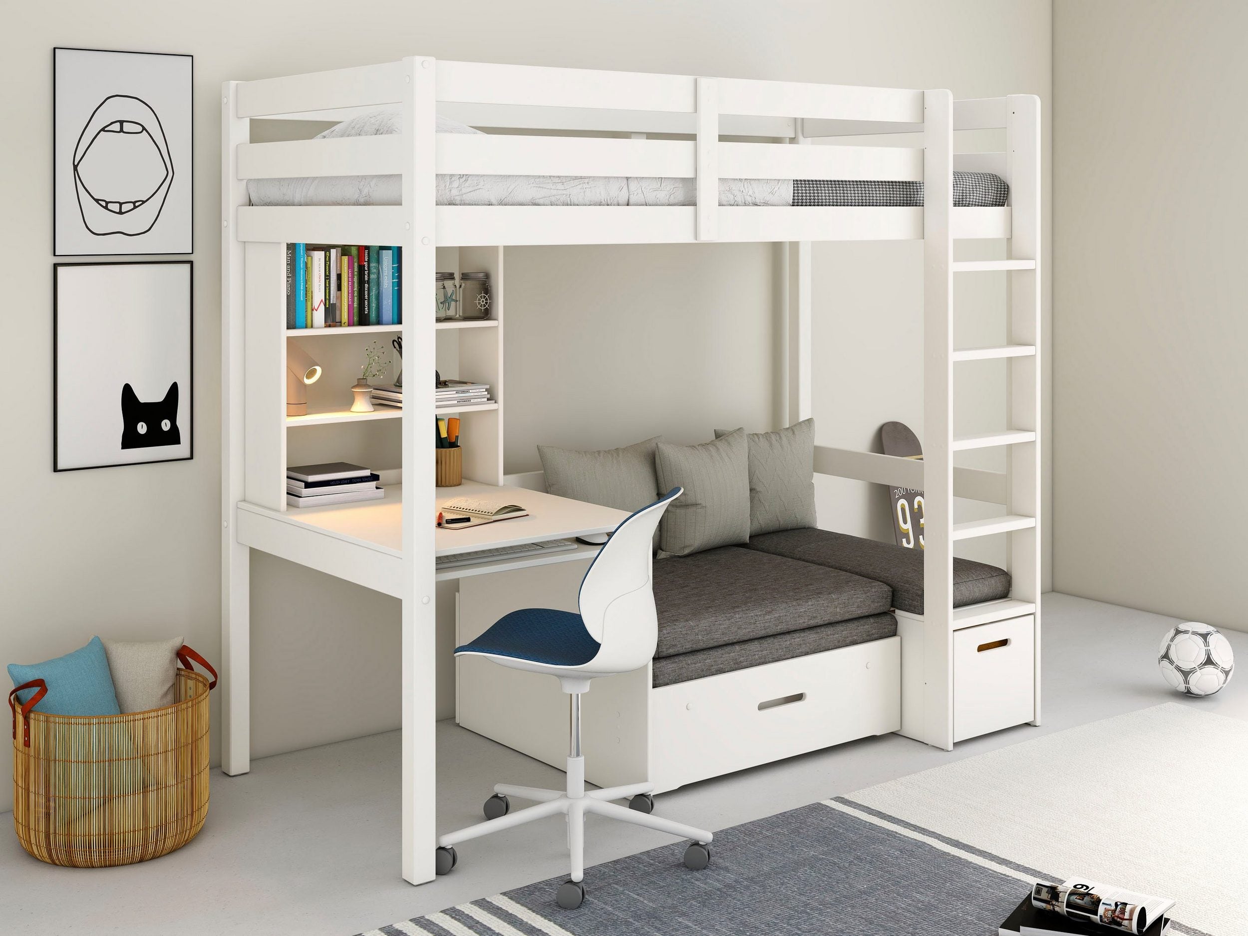 Pat etajat Henne cu birou inclus , lemn masiv , Alb Arboteca