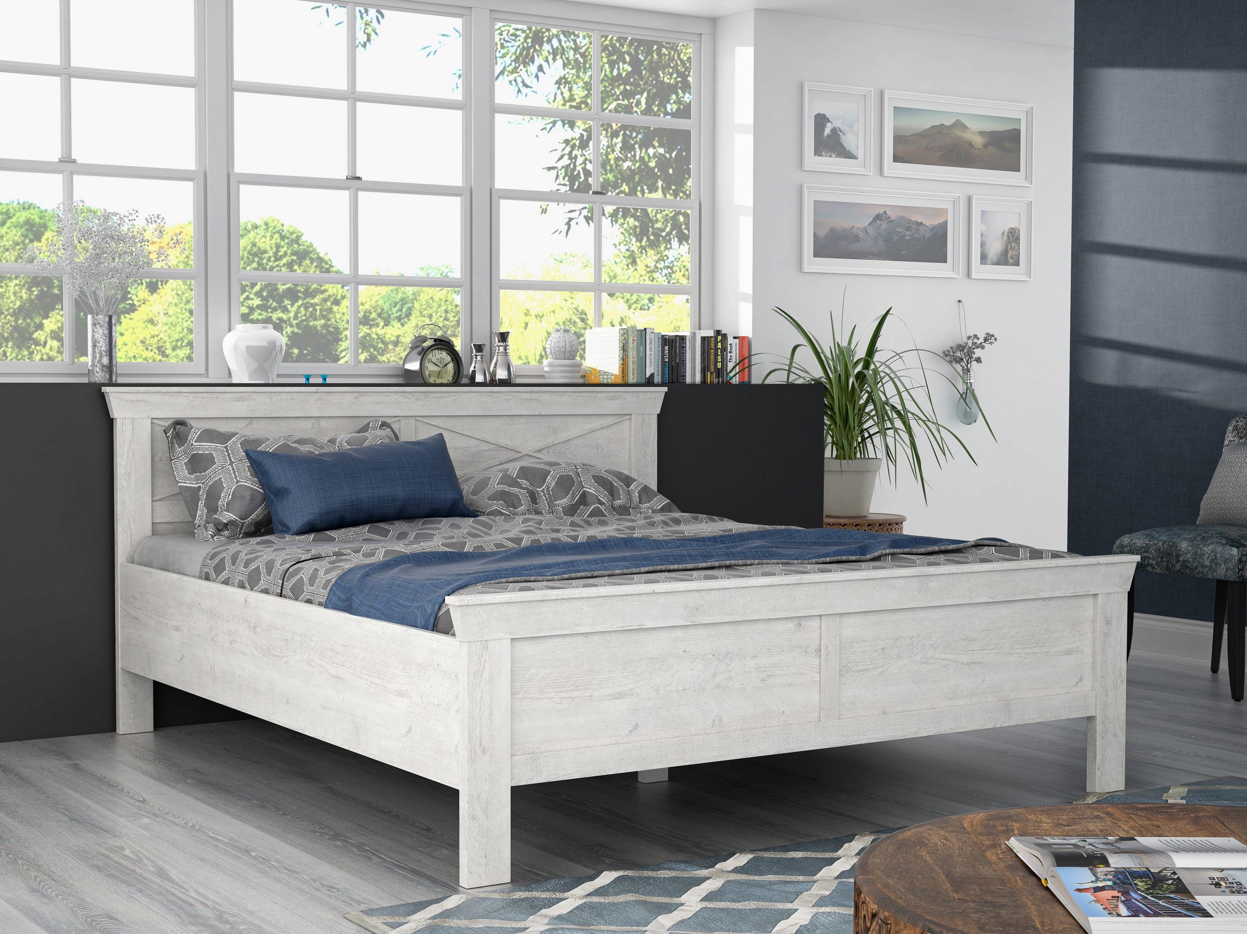 Pat matrimonial rustic Kasmir, PAL finisaj pin alb, tablie decorativa, 180x200 cm Arboteca