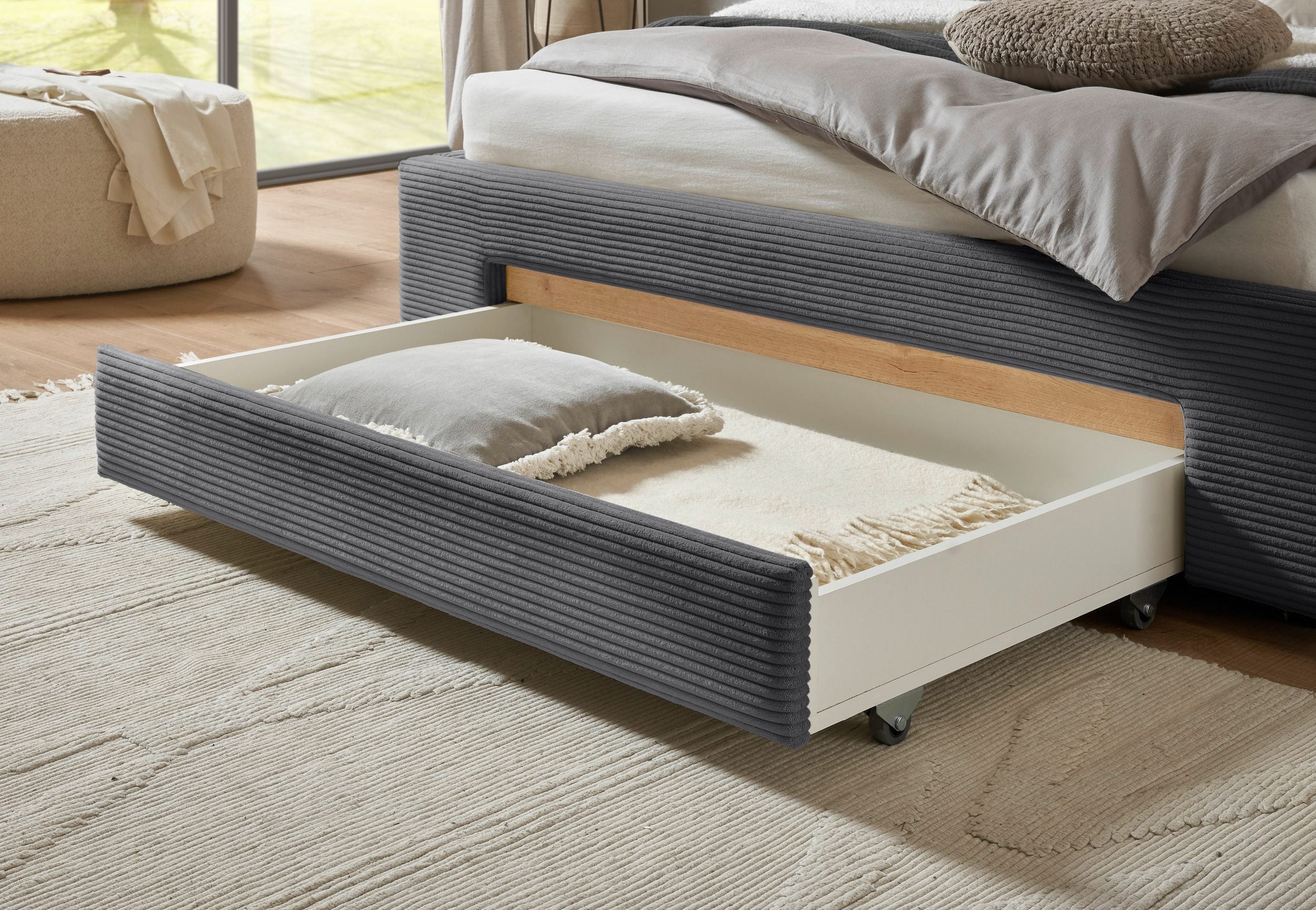 Pat tapițat CiTY/GiRON, 170x220 cm, antracit, PAL melaminat, tăblie cu raft, sertar depozitare Arboteca