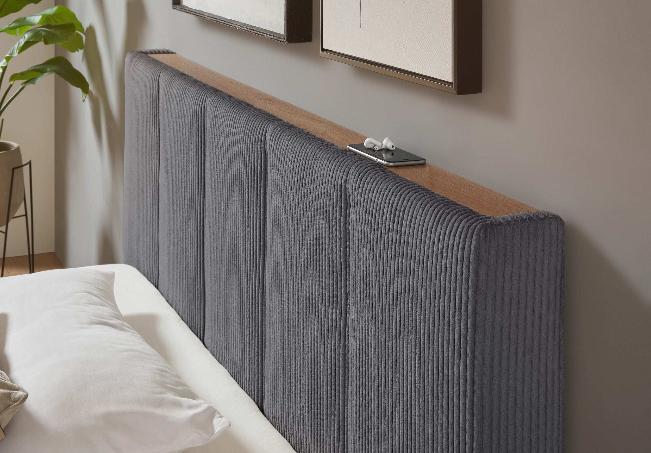 Pat tapițat CiTY/GiRON, 170x220 cm, antracit, PAL melaminat, tăblie cu raft, sertar depozitare Arboteca