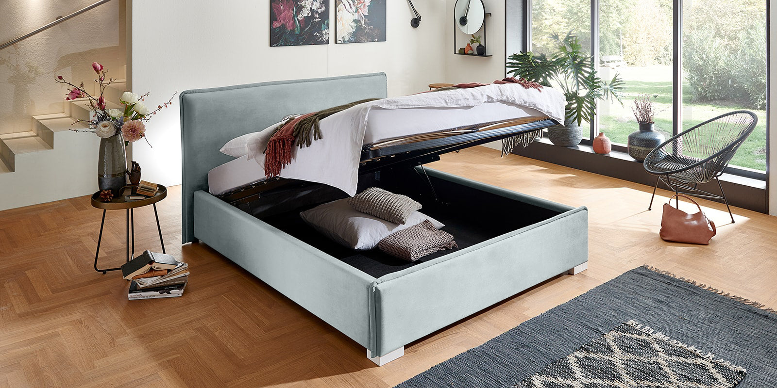 Pat Tapitat Nice, cu Lada Rabatabil, Velur-Verde-Smarald, Prestigehome.ro, Prestige, #Color_swing-menta