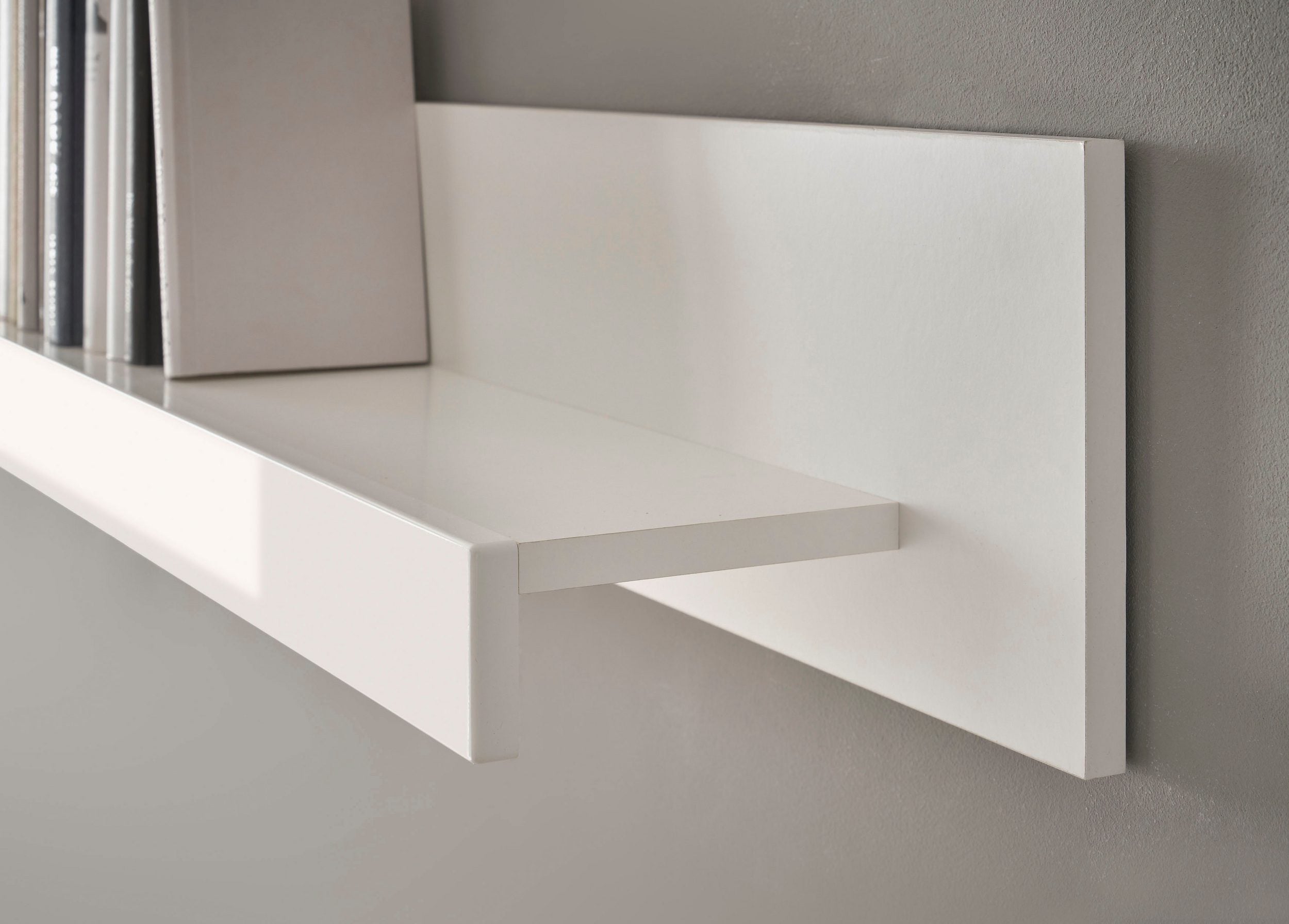 Raft de perete Cantara, 200 cm, alb lucios, PAL melaminat, poliță suspendată cu spațiu de depozitare Arboteca