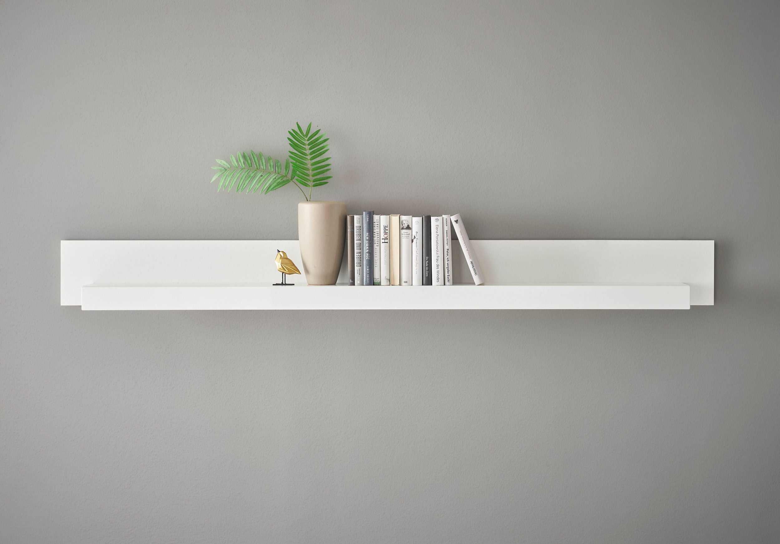 Raft de perete Cantara, 200 cm, alb lucios, PAL melaminat, poliță suspendată cu spațiu de depozitare Arboteca