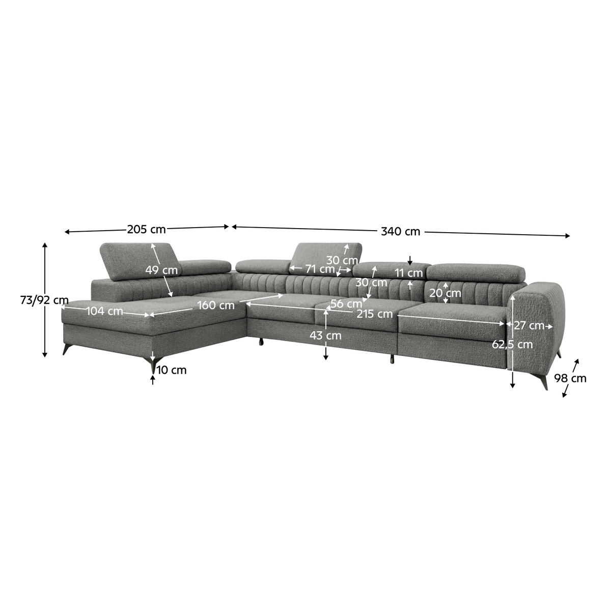 Set canapea de colț CORFU MAXI, gri, pe stânga, 340x205x73 cm Kondela