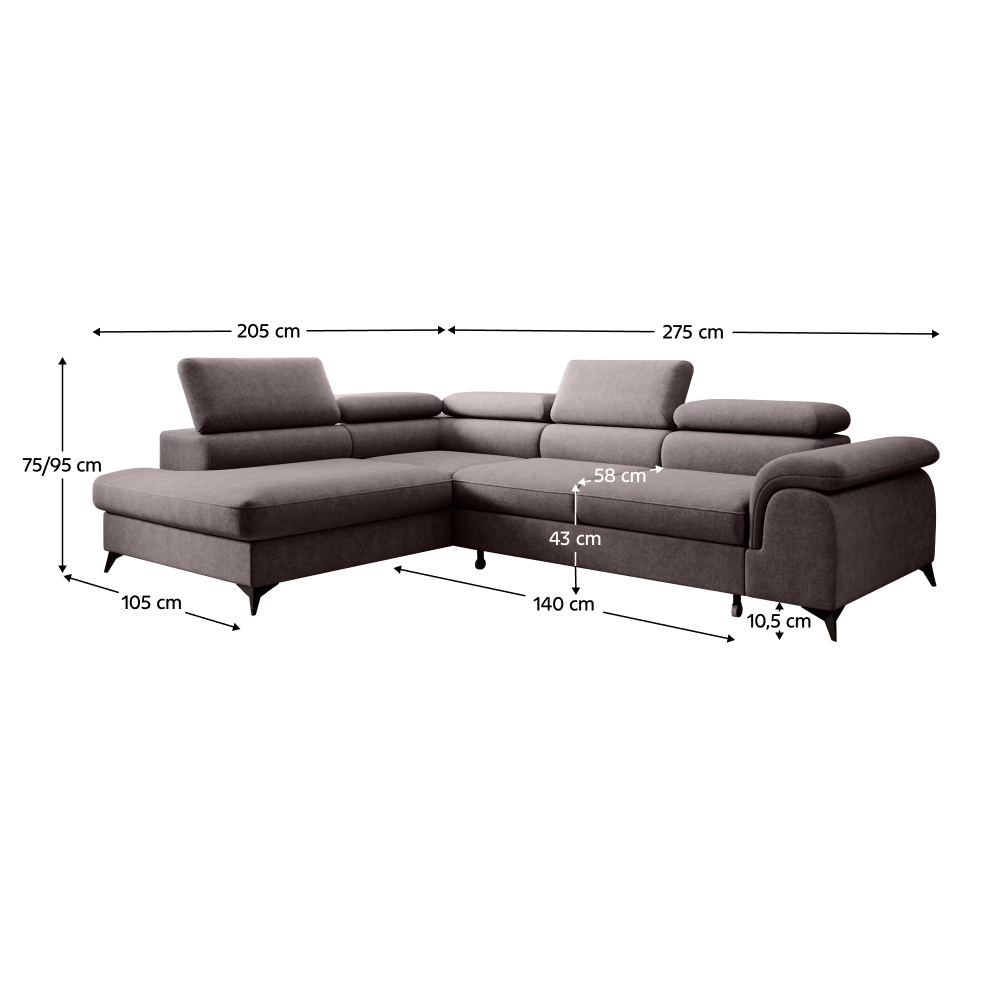 Canapea extensibilă TERNI, gri-maro, pe stânga, 275x205x75 cm Kondela