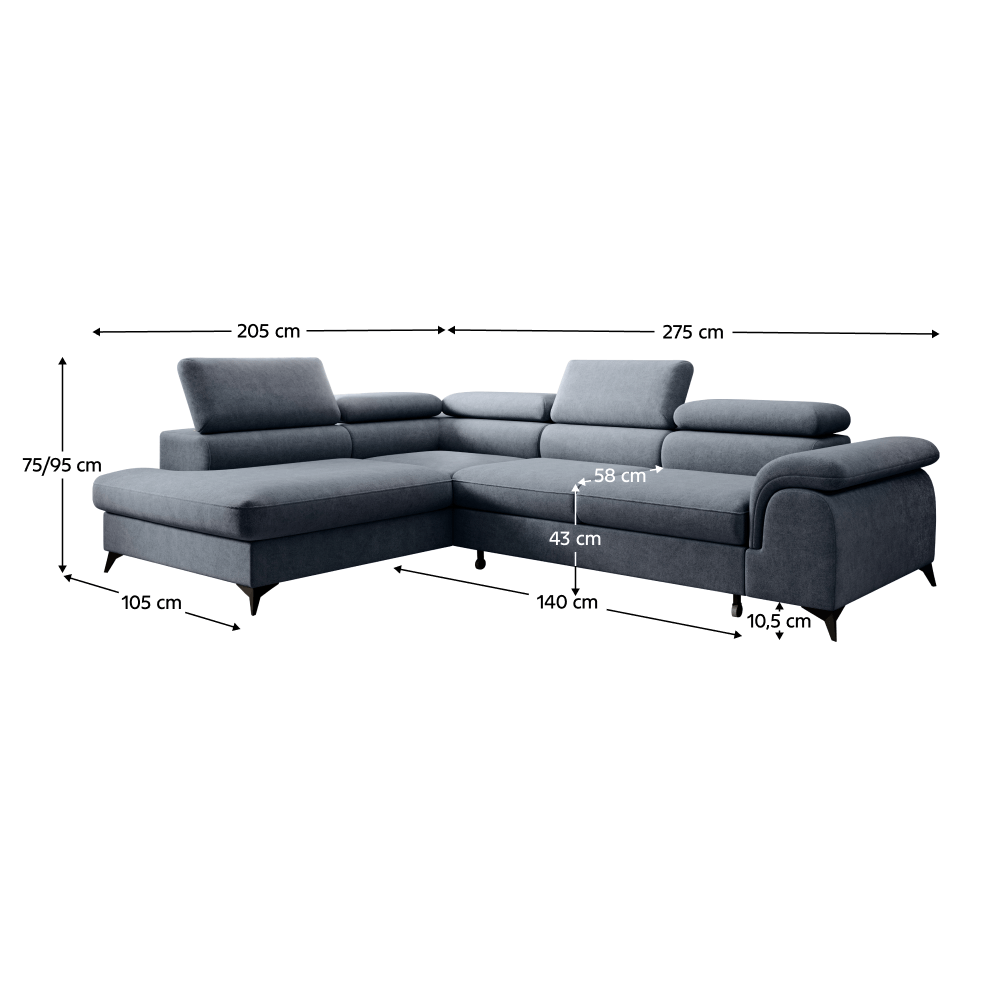 Colțar extensibil TERNI, gri, pe stânga, 275x205x75 cm Kondela