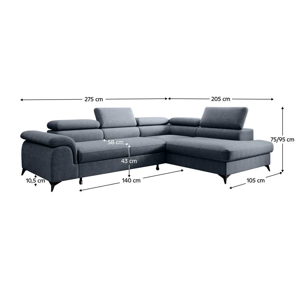 Set canapea extensibilă TERNI, gri, pe dreapta, 275x205x75 cm Kondela