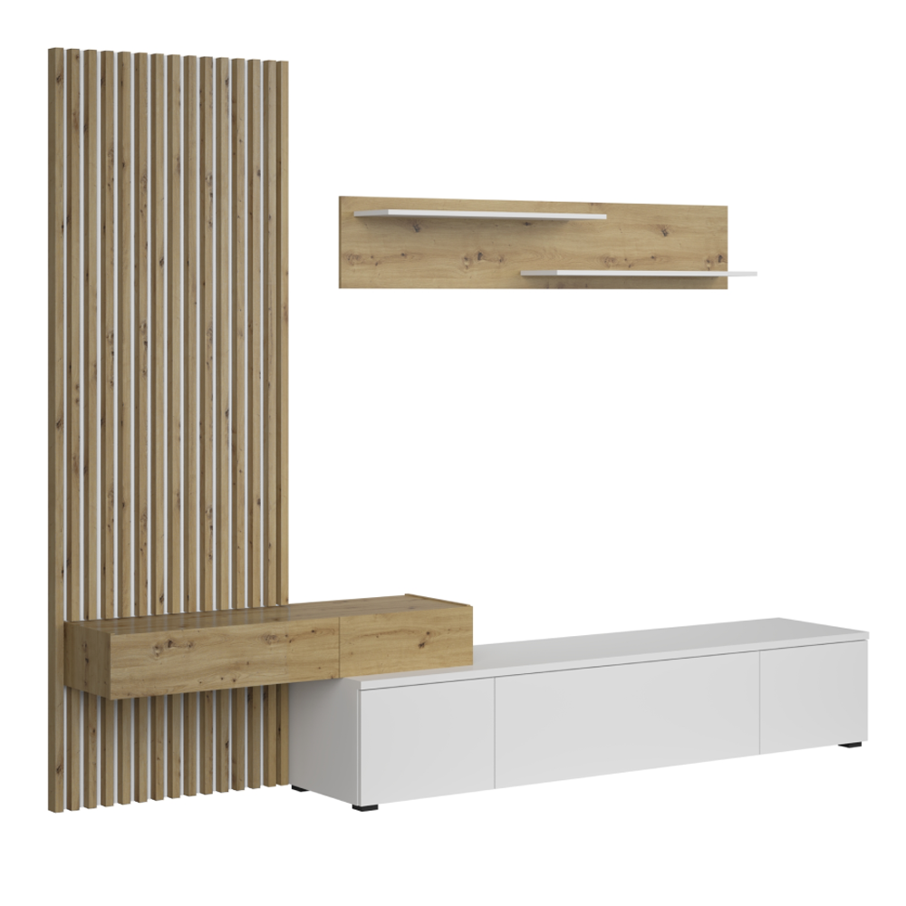 Ansamblu living REBEKA PLUS, alb/stejar artisan, cu masă TV și raft, 249 cm Kondela