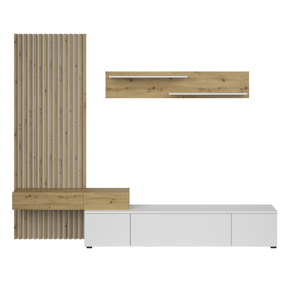 Ansamblu living REBEKA PLUS, alb/stejar artisan, cu masă TV și raft, 249 cm Kondela