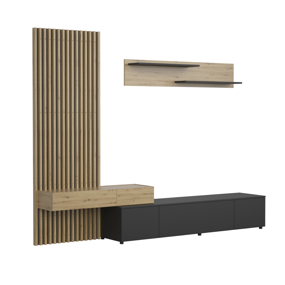 Ansamblu living REBEKA PLUS, negru/stejar artisan, cu masă TV și raft, 249 cm Kondela