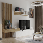 Ansamblu living REBEKA PLUS, alb/stejar artisan, cu masă TV și raft, 249 cm Kondela