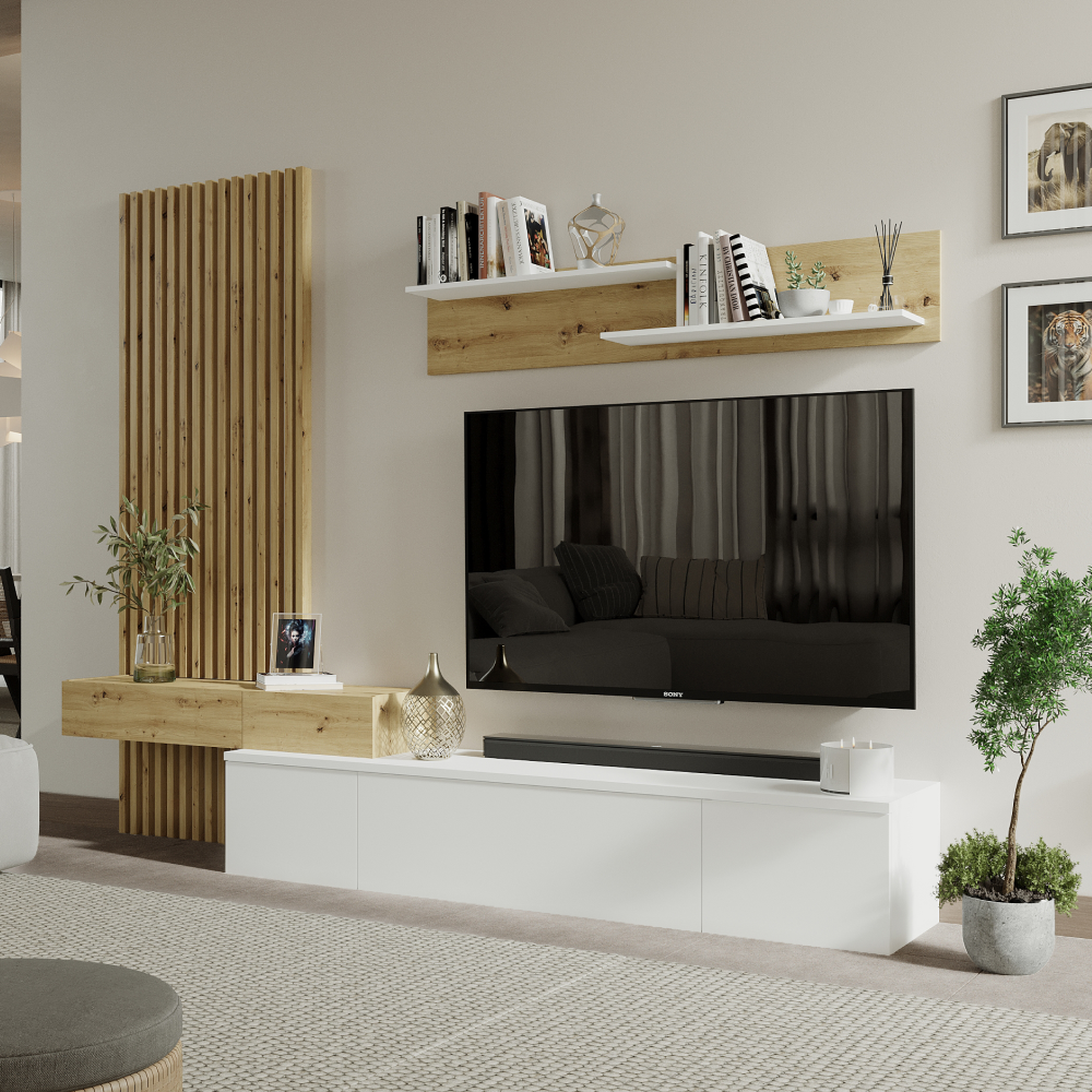 Ansamblu living REBEKA PLUS, alb/stejar artisan, cu masă TV și raft, 249 cm Kondela