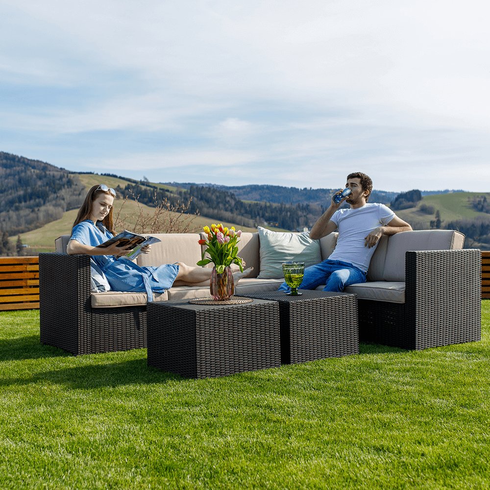 Set de grădină din rattan, 3 piese, maro/bej, RODEN Kondela
