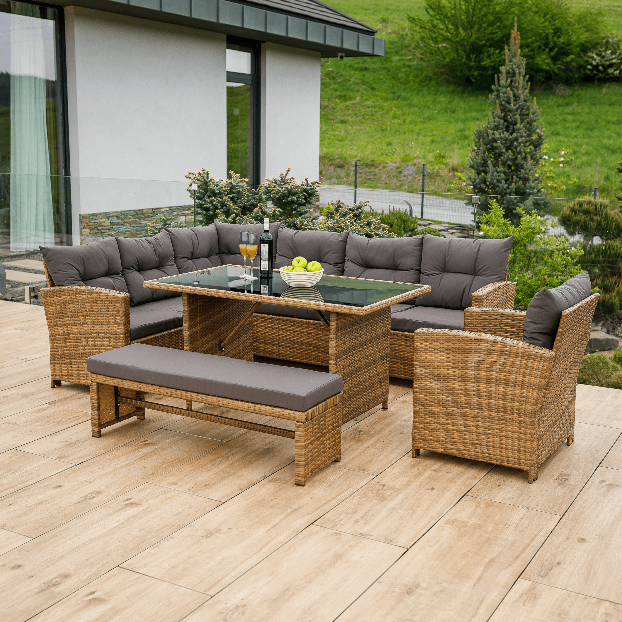 Set Grădină Ratan Sintetic SAGIR 4 Piese | Colțar + Fotoliu + Bancă + Masă Sticlă | Kondela