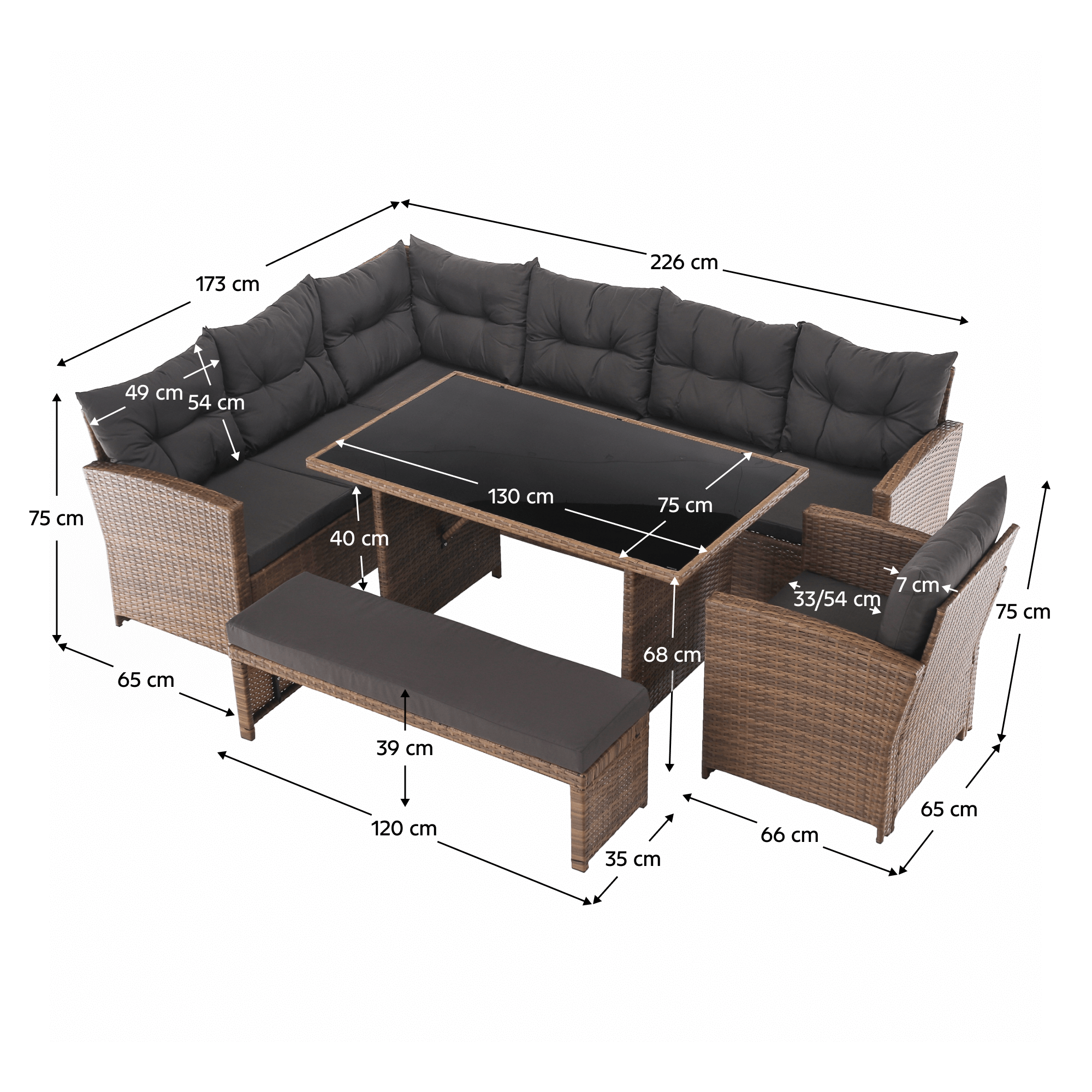 Set Grădină Ratan Sintetic SAGIR 4 Piese | Colțar + Fotoliu + Bancă + Masă Sticlă | Kondela