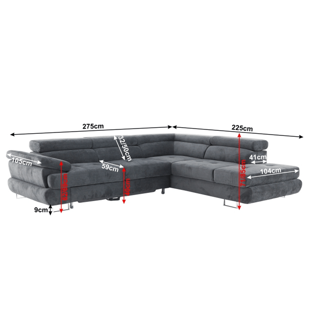 Set canapea COMO, gri, material textil, pe dreapta, 275x225x71 cm Kondela