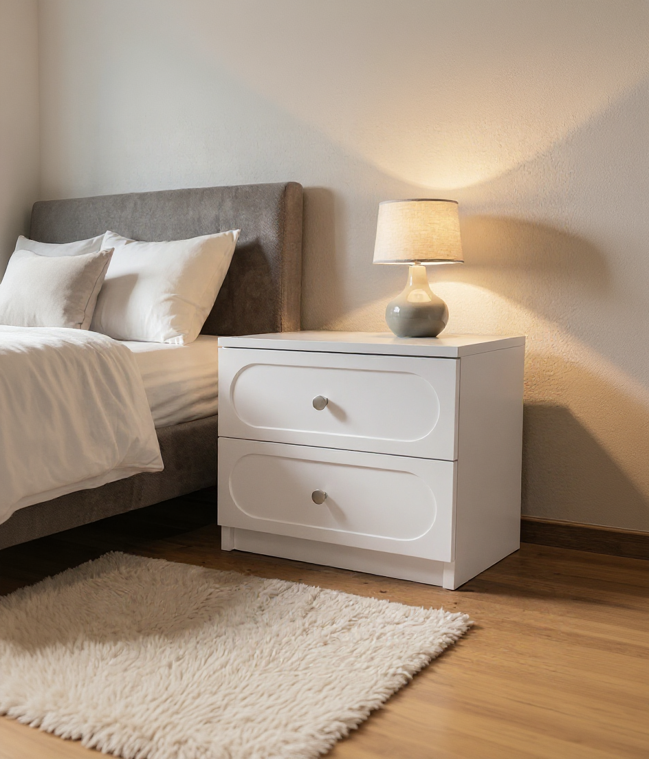 Noptieră CORTONA albă cu 2 sertare, MDF frezat oval vopsit