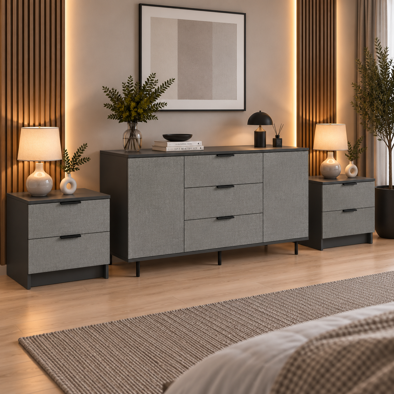 Set dormitor MARATEA: comodă și 2 noptiere, fronturi MDF aspect piatră, antracit Default Title Arboteca