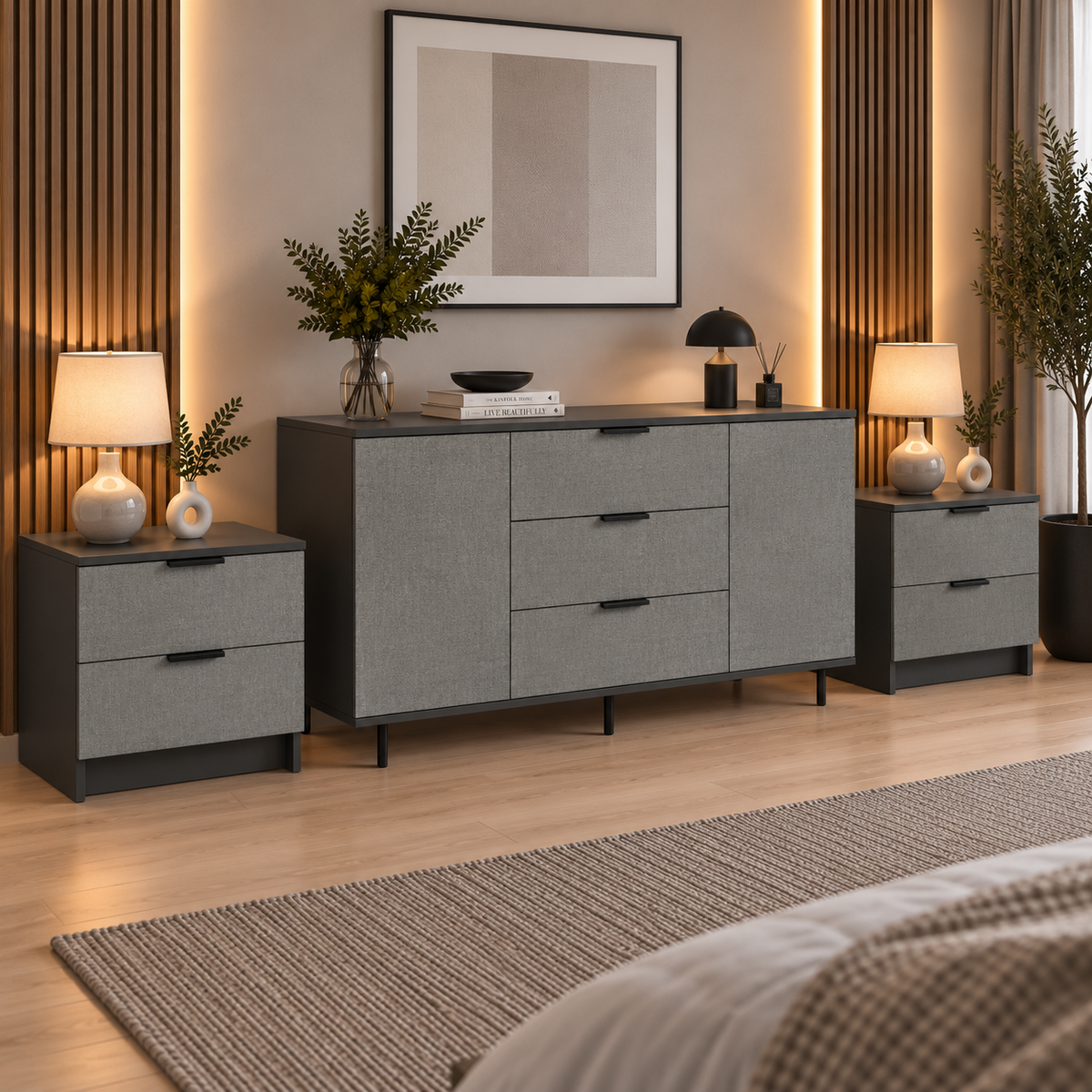 Set dormitor MARATEA: comodă și 2 noptiere, fronturi MDF aspect piatră, antracit Default Title Arboteca