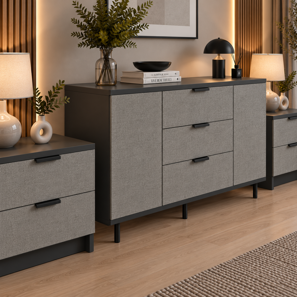 Set dormitor MARATEA: comodă și 2 noptiere, fronturi MDF aspect piatră, antracit Arboteca