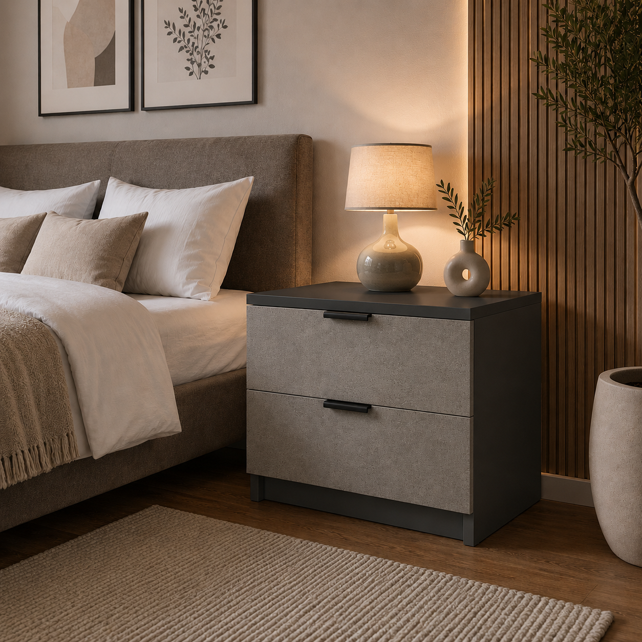 Set dormitor MARATEA: comodă și 2 noptiere, fronturi MDF aspect piatră, antracit Arboteca